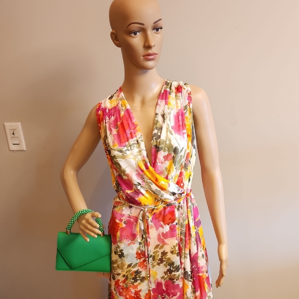 Calvin Klein Vibrant Floral Maxi Dress in Pink, Yellow, Green - Picture 4 of 10